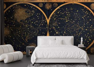 Ancient star map with an old representation of constellations and stars, adorned with golden symbols of medieval astrology, and phases of the moon and celestial bodies Wall mural