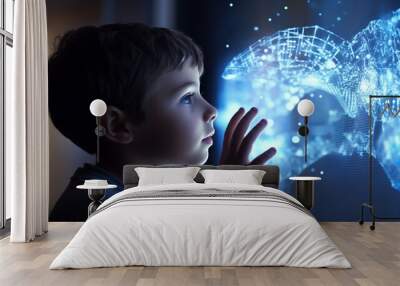 Curious little boy observing the technological hologram of a medical scientific study with bright digital particles. The conceptual map of future is from the current childhood  Wall mural