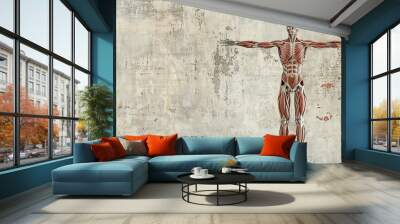 Detailed human anatomy illustrationor 3d figure, muscles and bones visible with skull head, against an abstract distressed blank background. Wall mural