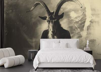 diabolical representation of evil, with goat head with large horns and human body. old sepia-toned photograph of baphomet performing a satanic ritual Wall mural