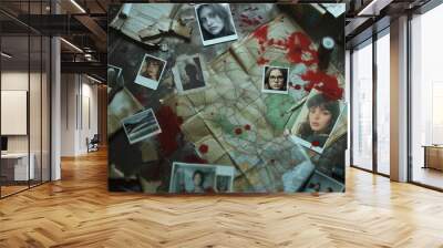 Disordered desk with photographs of girls, bloodstained blueprints, a knife, and other elements of a serial killer for the background of a true crime scene. Retro vintage style Wall mural