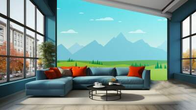 drawing of a beautiful landscape in the nature with mountains, trees and a blue sky with clouds - nice flat design illustration for a background wallpaper or an adventure story Wall mural