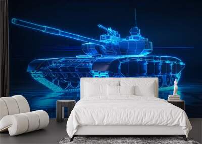 Futuristic neon blue tank hologram. Detailed 3D wireframe model of military vehicle. High-tech digital representation showcasing advanced design and technological capabilities in defense industry. Wall mural