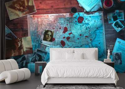 Hitman or hired killer's desk, with photographs of his victims: young women in vintage style, a map of the USA and blood splatters under the light of a lamp. Mystery and true crime background Wall mural