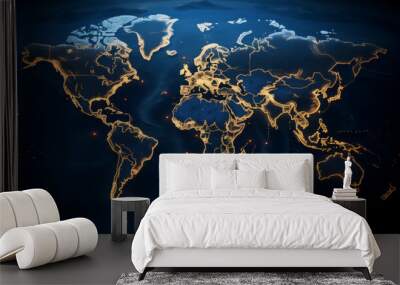 Illuminated world map in the night highlighting global connectivity, with golden lines and lights representing major connections between continents and cities of the planet Wall mural