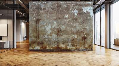 rusty and weathered gray metal plate with worn white paint splatters and dirt grooves - background texture with frame for a steampunk or zombie scene Wall mural