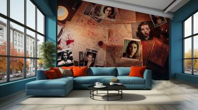 Serial killer's desk with photographs of female victims, a city map, bloodstains, and objects from a crime novel. Criminal investigation for a true crime wallpaper. Wall mural