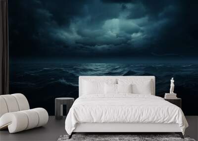 Storm with dark clouds at night over the water of the ocean with waves. Epic historical scenario for a maritime wallpaper. Landscape for brave sea adventures. Wall mural