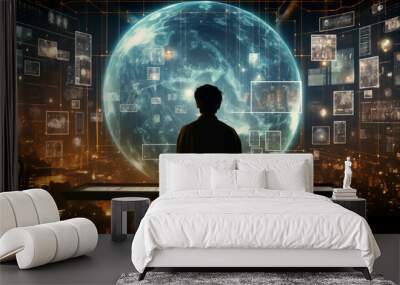 The silhouette of a person looking at the hologram of a global world sphere and futuristic screens with applications with artificial intelligence to work on the future of digital technology Wall mural