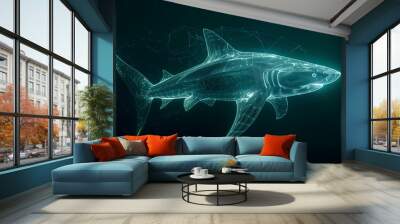 Wireframe based display, a translucent shiny hologram of a blue neon shark isolated on black background. 3d design before rendering Wall mural