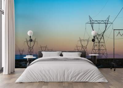 USA, Nevada, Clark County, Eldorado Valley, Boulder City. The silhouette of a power transmission line vanishing into a point in the distance during sunset. Wall mural