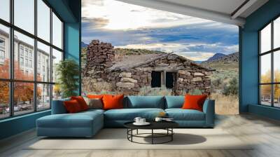 USA, Nevada, Nye County, Grant Range. Sunset over a stone cabin along the Pony Express Route and Overland Stage Line. Red Mountain is visible in the background right. Wall mural