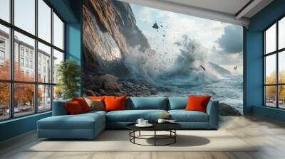 Ocean Waves Crashing Against Rocky Shore Wall mural