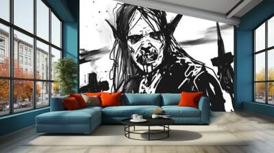 Black and white digital illustration of a vampire emerging from his crypt to hunt at night - digital fantasy illustration Wall mural