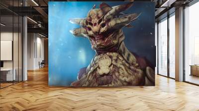 Digital 3d illustration of a demon creature with large horns in a blue environment - fantasy creature art Wall mural