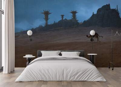 Digital 3D illustration of an adventurer riding a camel in front of a desert outpost - fantasy painting Wall mural