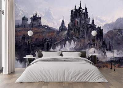 Digital painting of a fantasy castle in the clouds in a low key color scheme and gothic architecture - fantasy illustration Wall mural