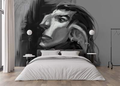 Digital painting of a goblin creature portrait in black and white monochrome - fantasy illustration Wall mural