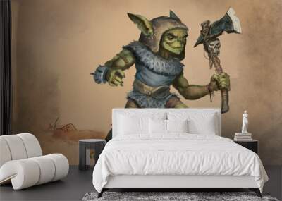 Digital painting of a primitive goblin with a war axe on aged paper background for spot book interior - fantasy illustration Wall mural