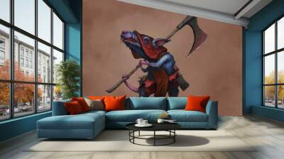 Digital painting of a rat executioner character with red hood and giant ax on aged paper background for spot book interior - fantasy illustration Wall mural