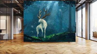 fantasy elk creature hunted by evil goblin creatures in a magical forest - digital fantasy painting Wall mural