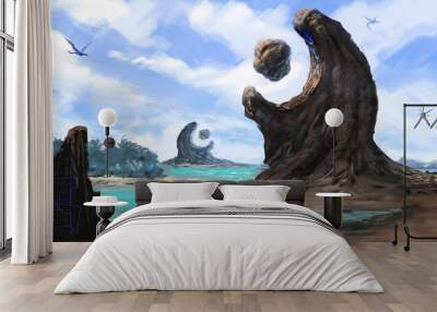 Traveler hiking into a mysterious coastal environment - digital fantasy painting Wall mural