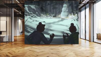 Two kids in winter clothes throwing snowballs at a dangerous evil snowman creature - digital fantasy illustration Wall mural