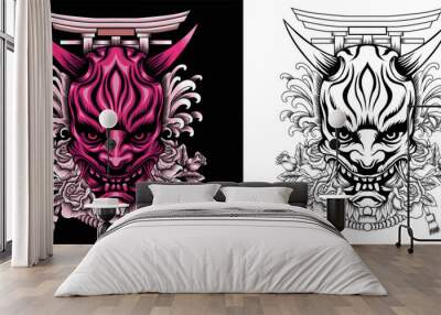 oni mask with roses and tori gate illustration Wall mural