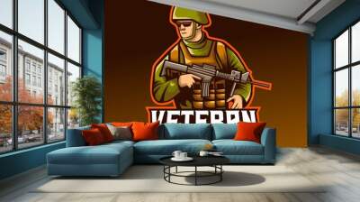 Veteran soldier holding sniper mascot logo design. Wall mural