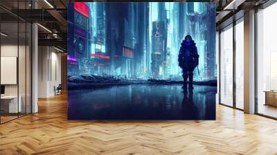 Digital illustration of a cyborg in a futuristic modern cyberpunk city Wall mural