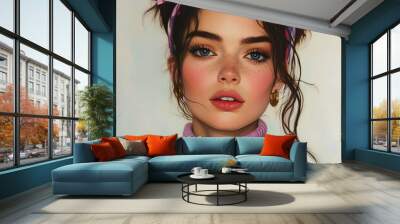 24-years old woman - a young woman with a stylish and vibrant appearance. She has fair skin, blue eyes, and full lips with a natural pinkish hue. Her hair is dark brown, styled in two high buns  Wall mural