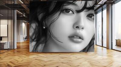 Beautiful Japanese girl in a black and white photo with detailed facial features in a close-up of her face with windblown hair and delicate skin texture Wall mural