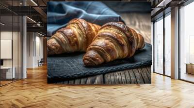 two croissants placed on a dark cloth, which is laid on a wooden surface. The croissants are golden brown, with a flaky and layered texture, typical of freshly baked croissants Wall mural