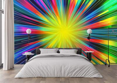 Festive background of bright colorful speed lines. Effect motion lines for comic book and manga. Radial rays from center of frame with effect explosion. Template for web and print design. Vector Wall mural