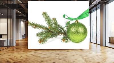 Christmas tree branch with decoration ball on white background Wall mural