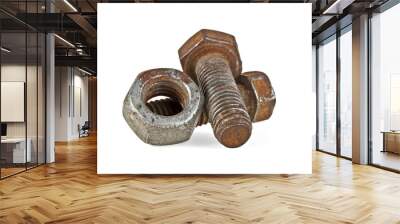 Close-up of rusty nut and bolts isolated on white background Wall mural