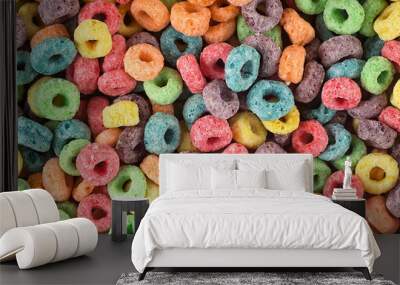 Multicolor cereal rings as food background. Colorful breakfast food. Wall mural