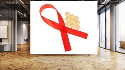 Red AIDS Awareness Ribbon and Pills. AIDS awareness ribbon on wh Wall mural