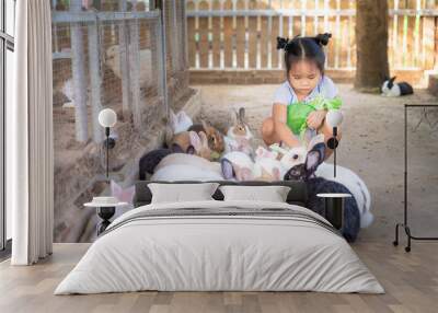 Cute little asian girl feeding rabbit on the farm Wall mural