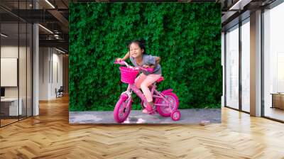 Cute little asian girl riding a bicycle to exercise in park, kids sport and active lifestyle Wall mural