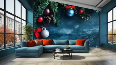 Christmas background with pine tree branches and shiny balls decoration with copy space Wall mural