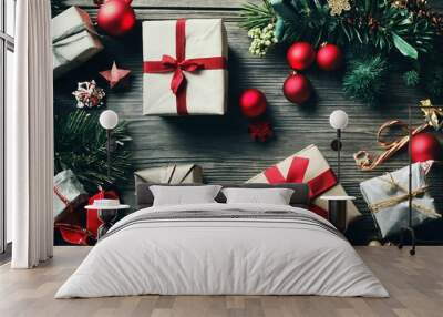 Christmas tree with gift box and decorations with copy space Wall mural