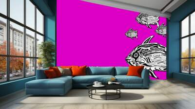 Colorful hand drawn graphic of psychedelic tropical sea life Wall mural