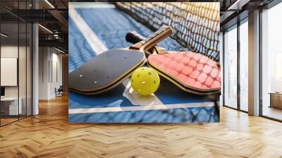 Black and red pickleball paddles with ball at the net of a pickleball court Wall mural