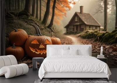 jack o lantern halloween theme, pumpkins at the end of a country home driveway Wall mural