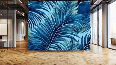 a blue graphic art background with palm stripes ,Palm leaves. Tropical seamless background pattern. Graphic design with amazing palm trees suitable for fabrics, packaging, covers. Wall mural