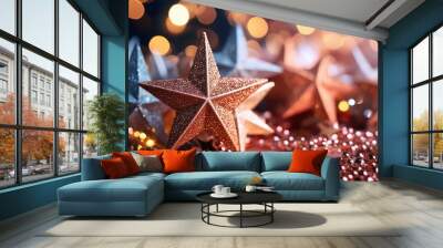 Abstract star bokeh background. Glittering shine lights. Christmas decorations, xmas holiday festival backdrop Wall mural