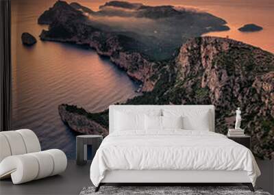 Aerial image of golden hour sunrise on Cap de Formentor, Mallorca, Spain Wall mural