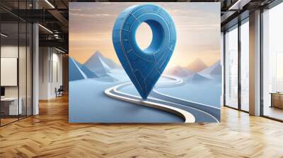 Blue location 3d icon marker or route gps position navigator sign and travel navigation pin road map pointer symbol isolated on white street address background with point direction discovery Wall mural