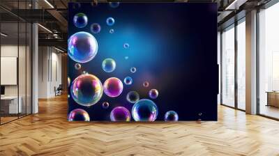 Colorful soap bubbles floating in the air on a dark background, beautiful and dreamy image for art and beauty concept Wall mural